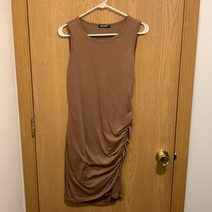 Tan mini dress with one side synched - does have slip
